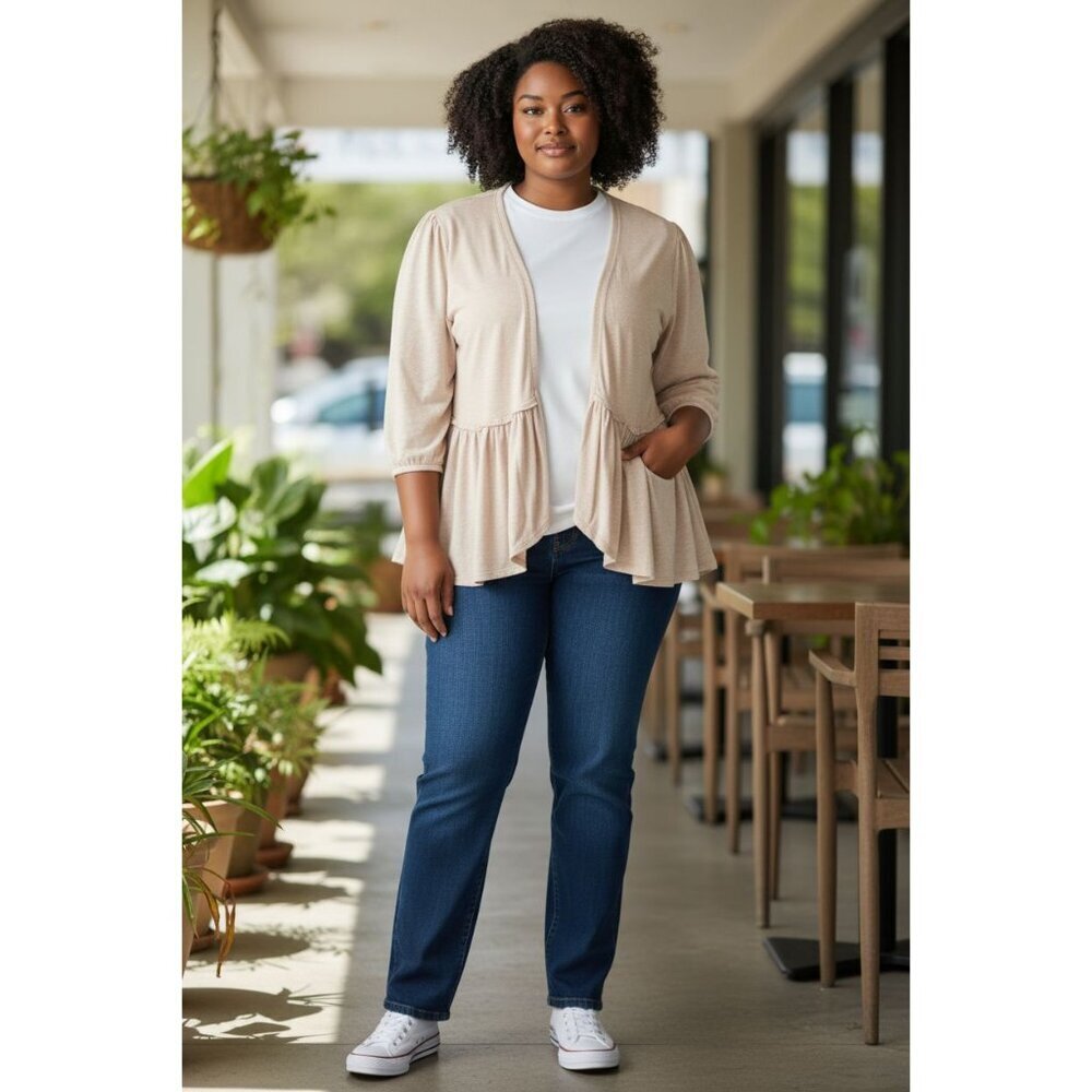 Torrid Cardigan Fabric Mixed Hanky Hem Kimono Open Front Taupe Tan